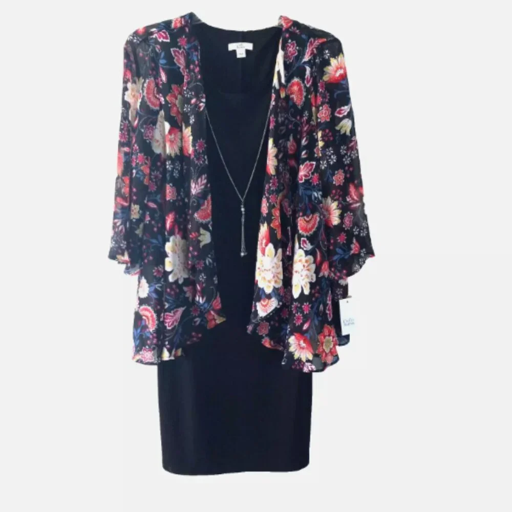 NWT Croft & Barrow Black Dress Size L Floral Jacket Necklace Set